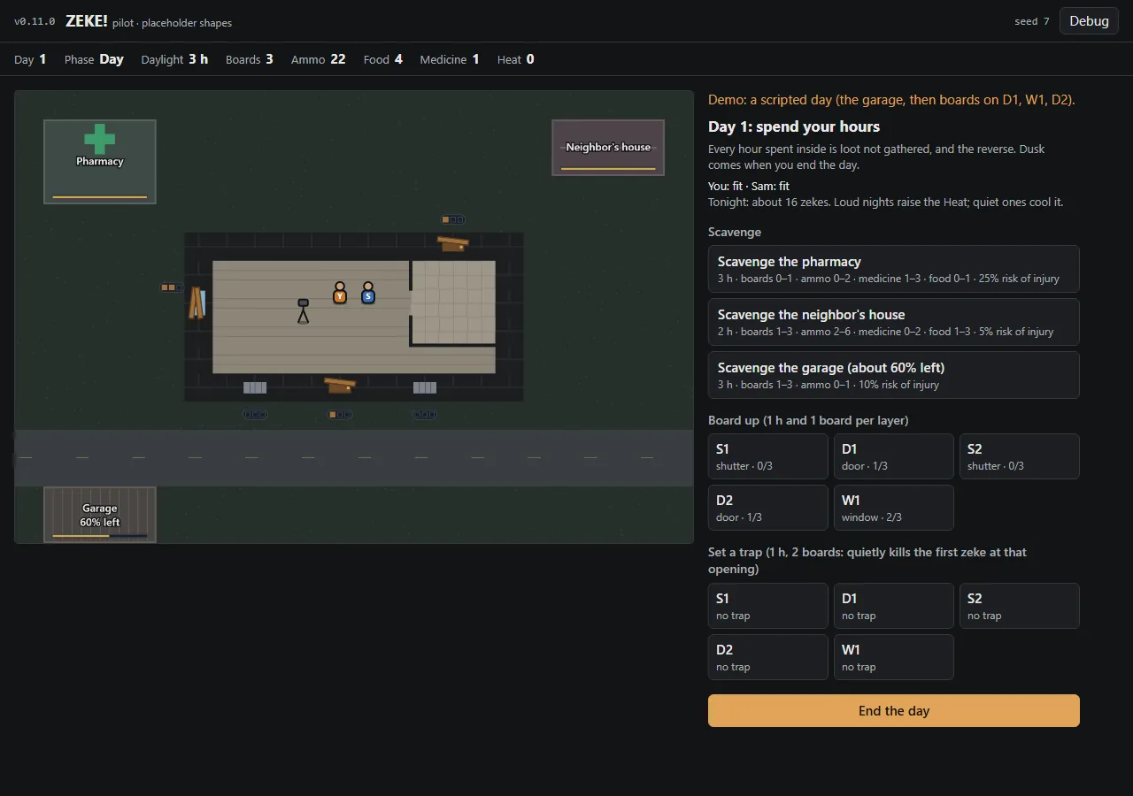 Pilot v0.11.0: a second place to shelter, the corner shop, screenshot