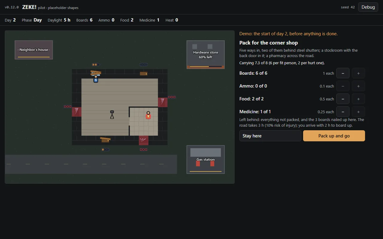 Pilot v0.12.0: scouting, packing up and moving on, screenshot