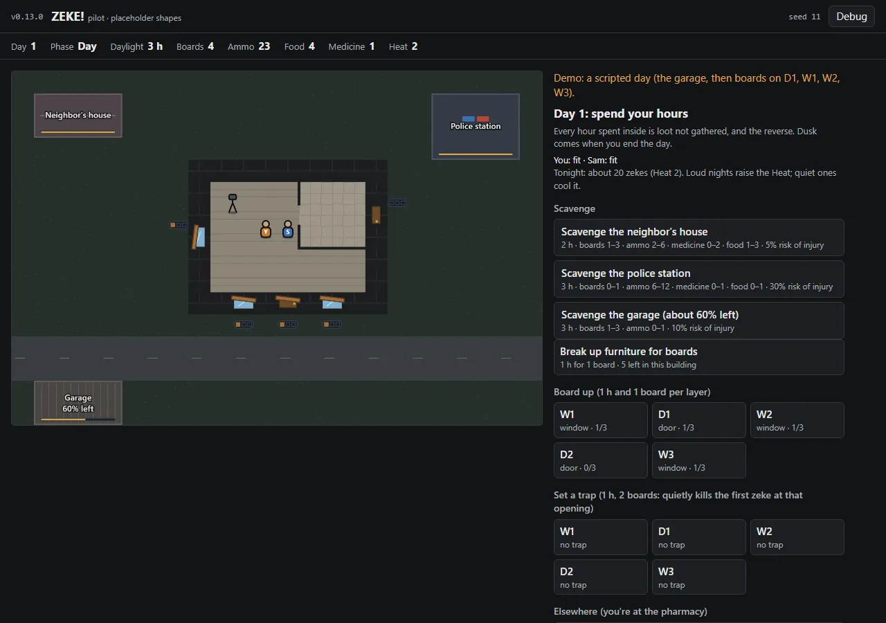 Pilot v0.13.0: a third place, the pharmacy, screenshot