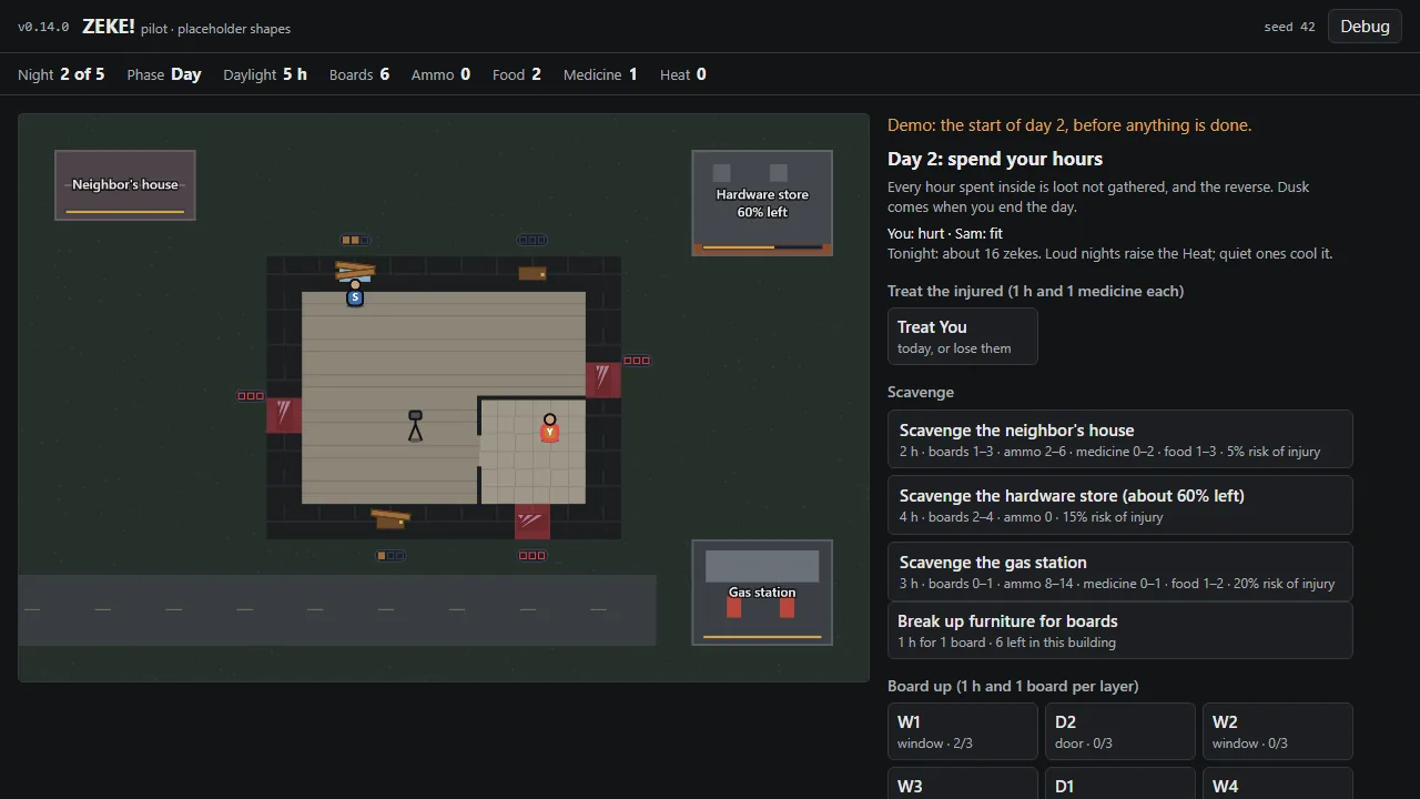 Pilot v0.14.0: a goal, live through five nights, screenshot