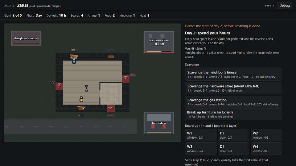 Pilot v0.13.0: a third place, the pharmacy, screenshot
