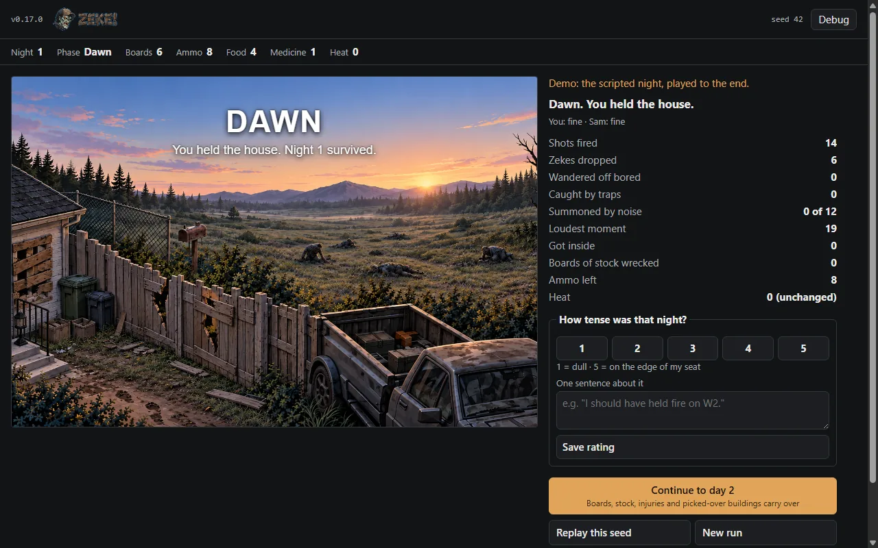 v0.17.1: a title screen and a dawn card, screenshot