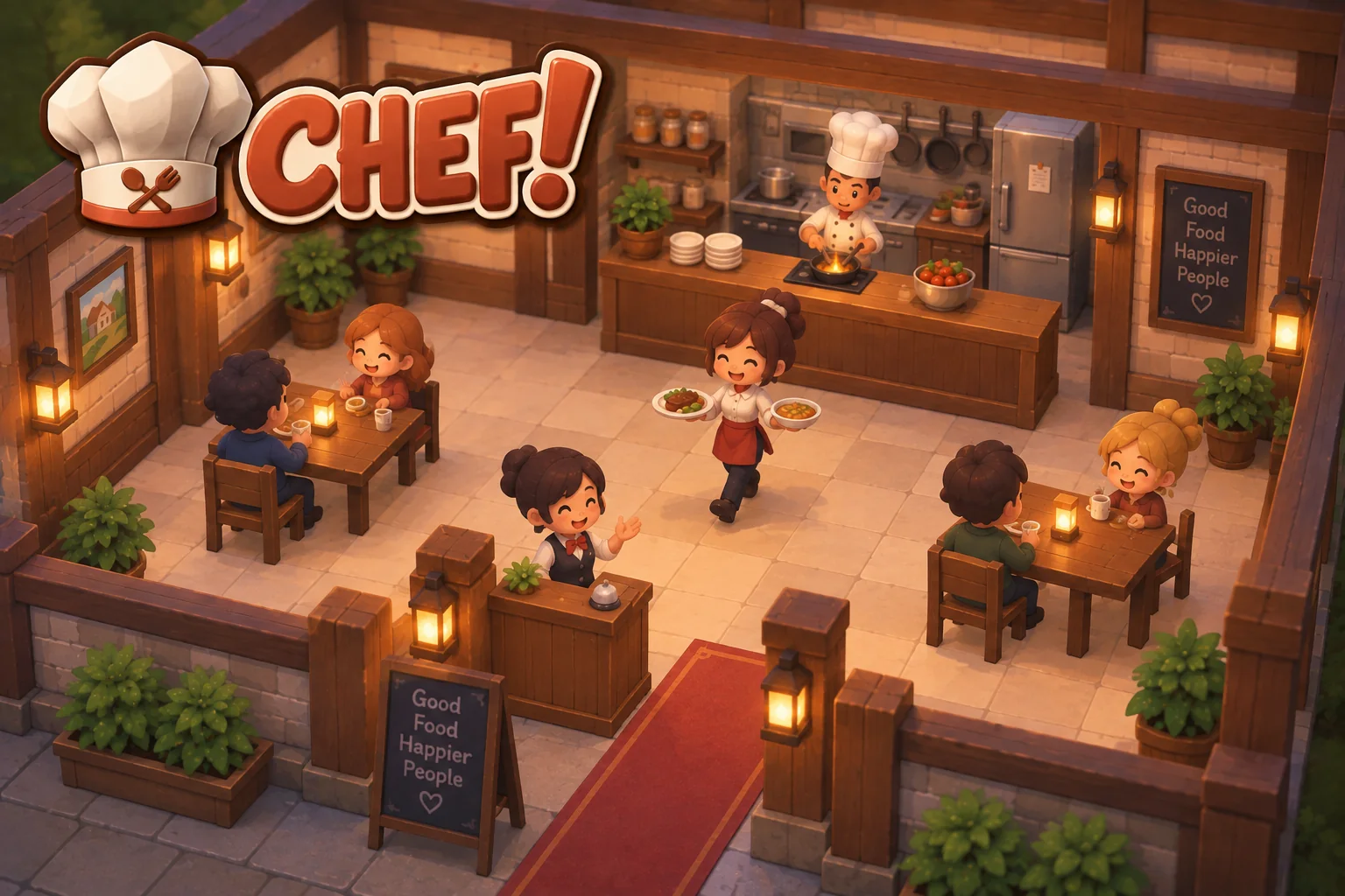 CHEF! key art: a cosy restaurant in full service, seen from above