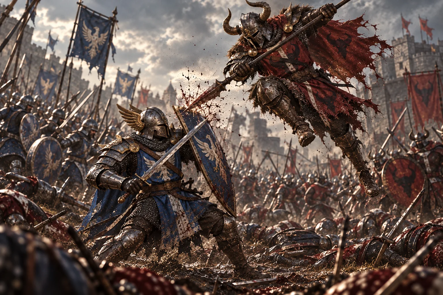 GENERAL! key art: two armoured knights clash in the middle of a medieval battle