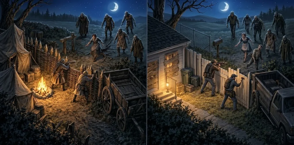 RISEN! and ZEKE! concept painting: on the left a medieval camp holding off the risen by firelight; on the right a modern house boarded up against zombies, under the same moon